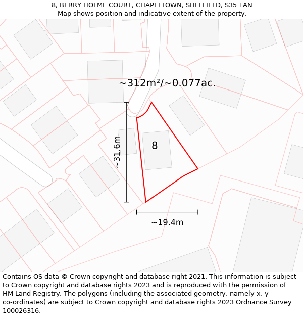 8, BERRY HOLME COURT, CHAPELTOWN, SHEFFIELD, S35 1AN: Plot and title map