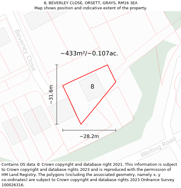 8, BEVERLEY CLOSE, ORSETT, GRAYS, RM16 3EA: Plot and title map