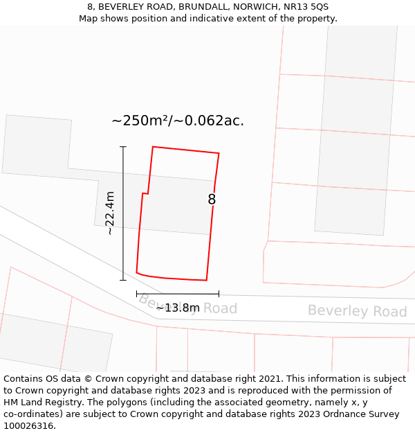 8, BEVERLEY ROAD, BRUNDALL, NORWICH, NR13 5QS: Plot and title map