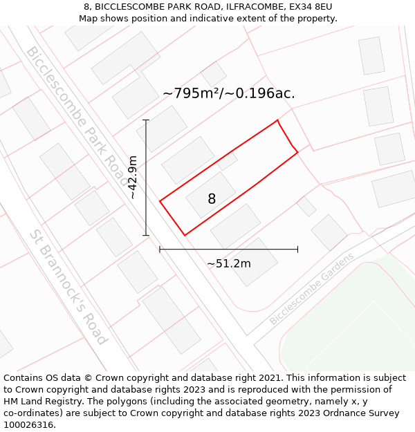 8, BICCLESCOMBE PARK ROAD, ILFRACOMBE, EX34 8EU: Plot and title map