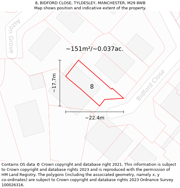 8, BIDFORD CLOSE, TYLDESLEY, MANCHESTER, M29 8WB: Plot and title map