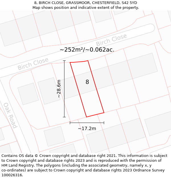 8, BIRCH CLOSE, GRASSMOOR, CHESTERFIELD, S42 5YD: Plot and title map