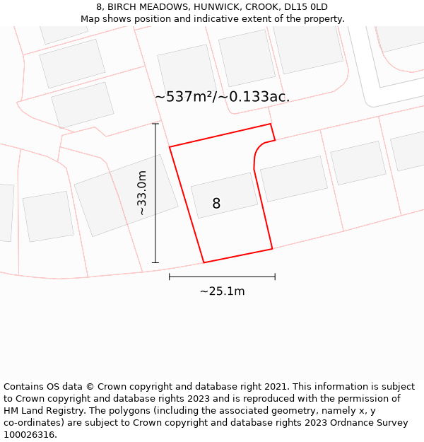 8, BIRCH MEADOWS, HUNWICK, CROOK, DL15 0LD: Plot and title map