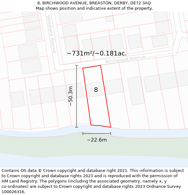 8, BIRCHWOOD AVENUE, BREASTON, DERBY, DE72 3AQ: Plot and title map