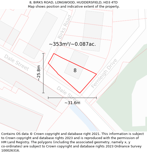 8, BIRKS ROAD, LONGWOOD, HUDDERSFIELD, HD3 4TD: Plot and title map