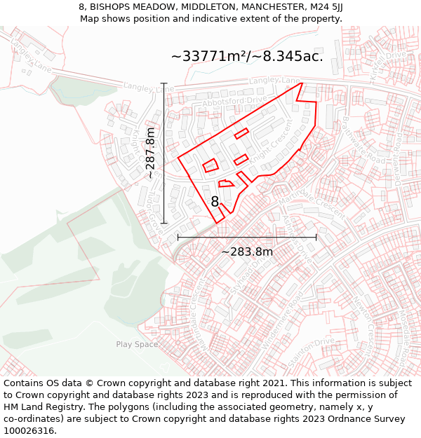 8, BISHOPS MEADOW, MIDDLETON, MANCHESTER, M24 5JJ: Plot and title map