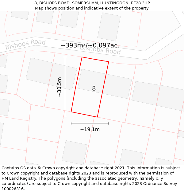 8, BISHOPS ROAD, SOMERSHAM, HUNTINGDON, PE28 3HP: Plot and title map