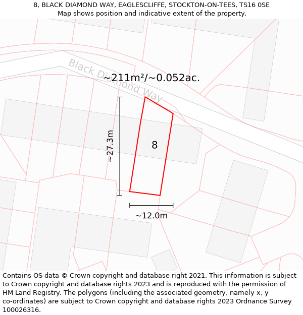 8, BLACK DIAMOND WAY, EAGLESCLIFFE, STOCKTON-ON-TEES, TS16 0SE: Plot and title map