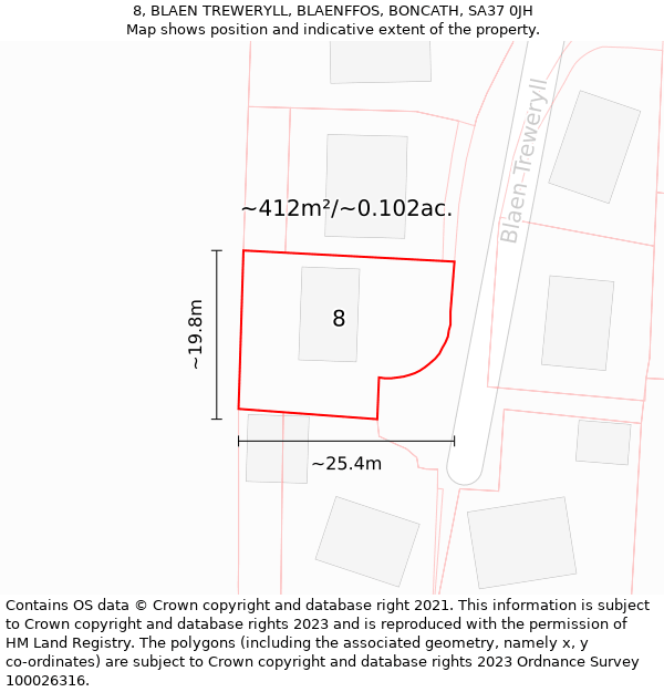 8, BLAEN TREWERYLL, BLAENFFOS, BONCATH, SA37 0JH: Plot and title map