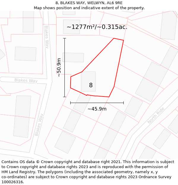 8, BLAKES WAY, WELWYN, AL6 9RE: Plot and title map