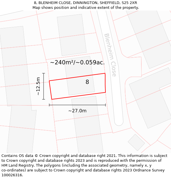 8, BLENHEIM CLOSE, DINNINGTON, SHEFFIELD, S25 2XR: Plot and title map