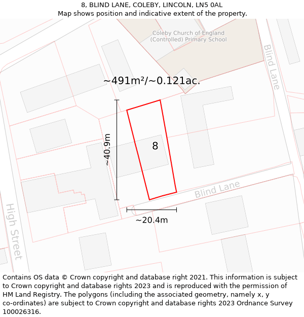 8, BLIND LANE, COLEBY, LINCOLN, LN5 0AL: Plot and title map