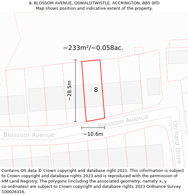 8, BLOSSOM AVENUE, OSWALDTWISTLE, ACCRINGTON, BB5 0FD: Plot and title map