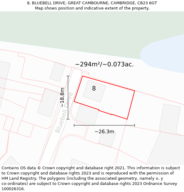 8, BLUEBELL DRIVE, GREAT CAMBOURNE, CAMBRIDGE, CB23 6GT: Plot and title map