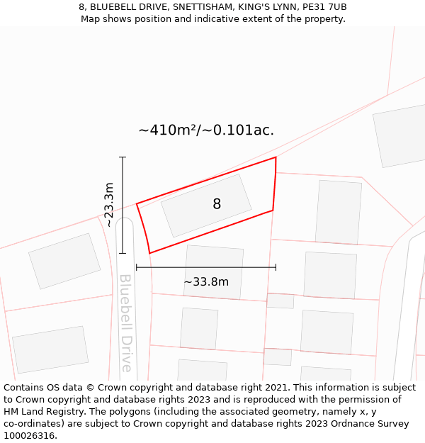 8, BLUEBELL DRIVE, SNETTISHAM, KING'S LYNN, PE31 7UB: Plot and title map