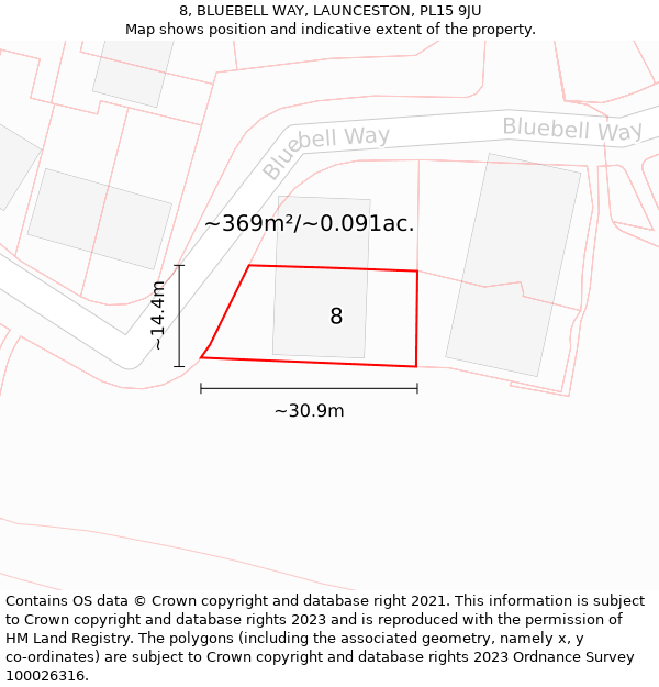 8, BLUEBELL WAY, LAUNCESTON, PL15 9JU: Plot and title map