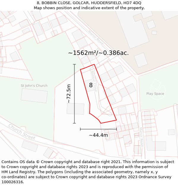 8, BOBBIN CLOSE, GOLCAR, HUDDERSFIELD, HD7 4DQ: Plot and title map