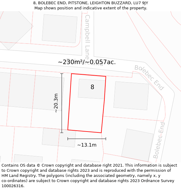 8, BOLEBEC END, PITSTONE, LEIGHTON BUZZARD, LU7 9JY: Plot and title map