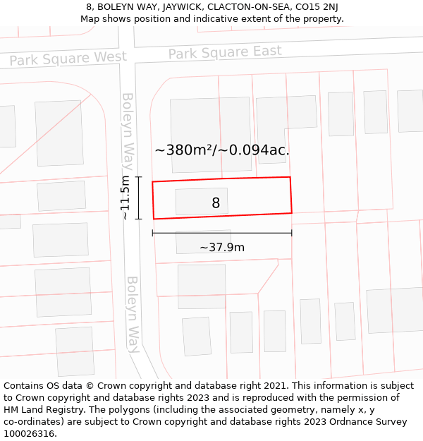 8, BOLEYN WAY, JAYWICK, CLACTON-ON-SEA, CO15 2NJ: Plot and title map