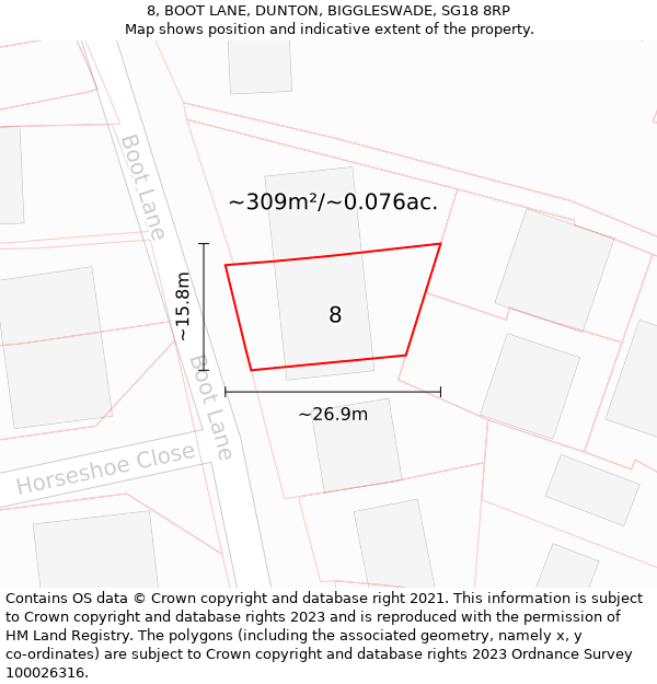 8, BOOT LANE, DUNTON, BIGGLESWADE, SG18 8RP: Plot and title map