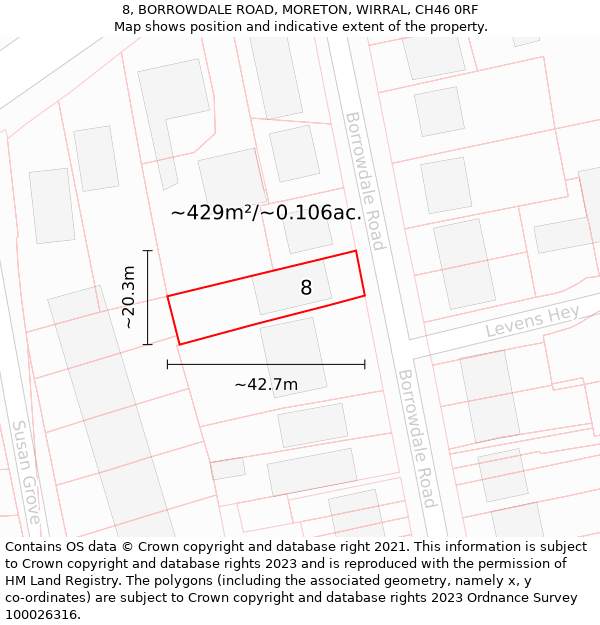 8, BORROWDALE ROAD, MORETON, WIRRAL, CH46 0RF: Plot and title map