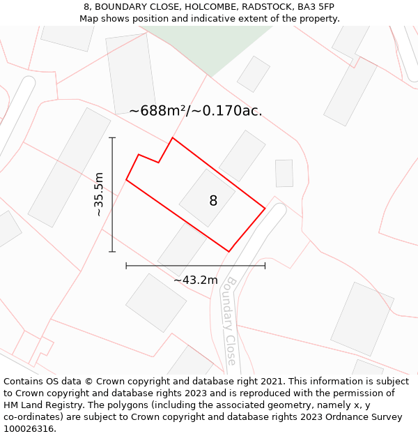 8, BOUNDARY CLOSE, HOLCOMBE, RADSTOCK, BA3 5FP: Plot and title map