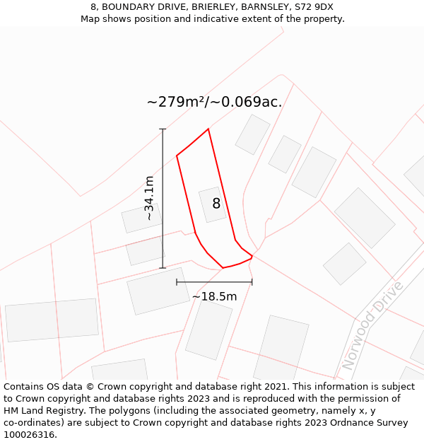 8, BOUNDARY DRIVE, BRIERLEY, BARNSLEY, S72 9DX: Plot and title map