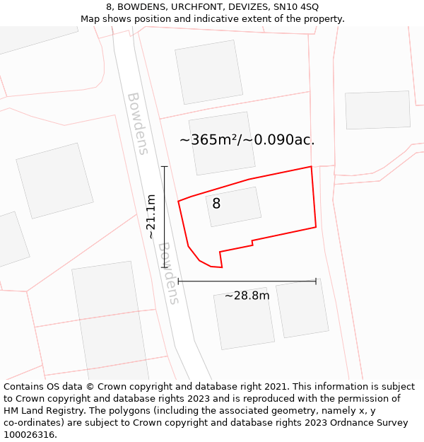 8, BOWDENS, URCHFONT, DEVIZES, SN10 4SQ: Plot and title map