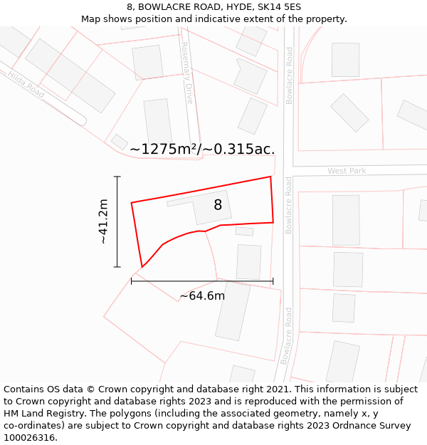 8, BOWLACRE ROAD, HYDE, SK14 5ES: Plot and title map