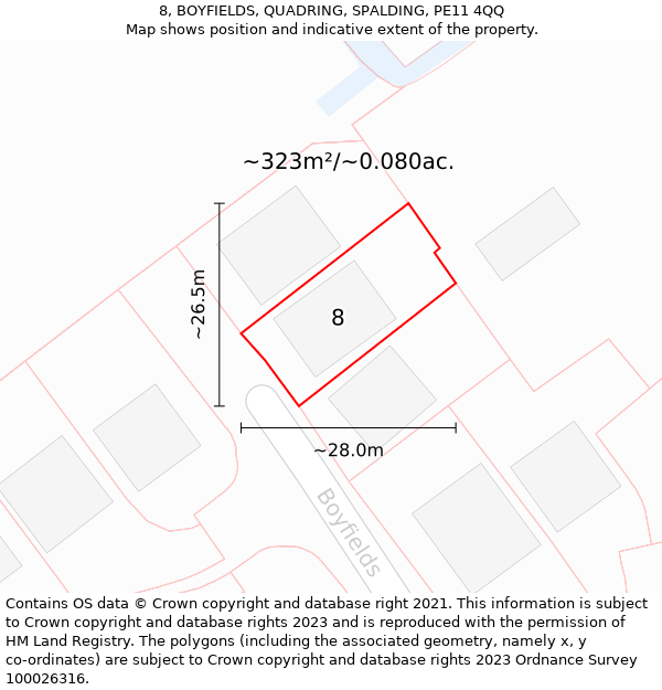 8, BOYFIELDS, QUADRING, SPALDING, PE11 4QQ: Plot and title map