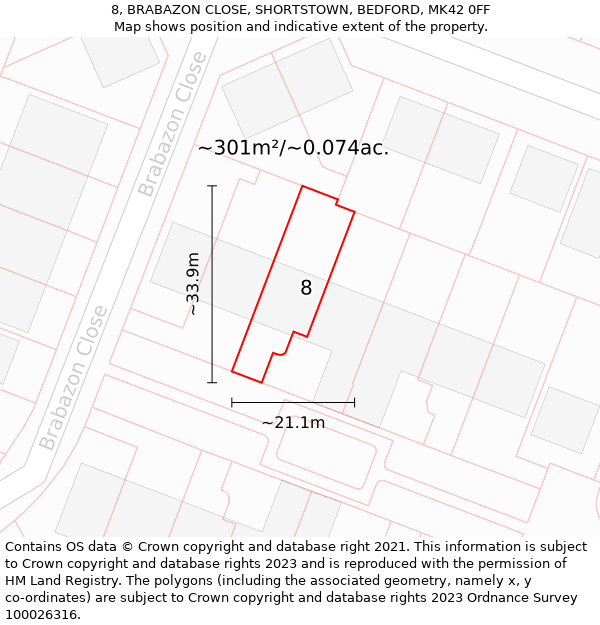 8, BRABAZON CLOSE, SHORTSTOWN, BEDFORD, MK42 0FF: Plot and title map