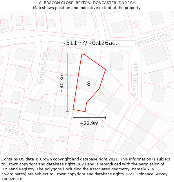 8, BRACON CLOSE, BELTON, DONCASTER, DN9 1RY: Plot and title map