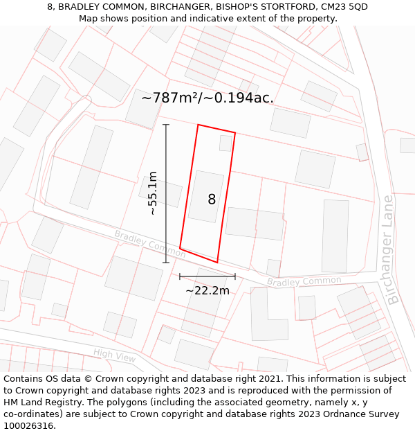 8, BRADLEY COMMON, BIRCHANGER, BISHOP'S STORTFORD, CM23 5QD: Plot and title map