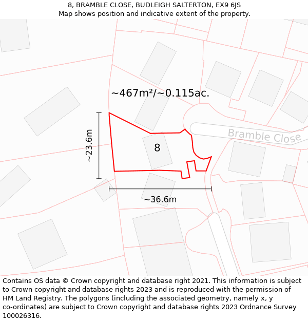 8, BRAMBLE CLOSE, BUDLEIGH SALTERTON, EX9 6JS: Plot and title map