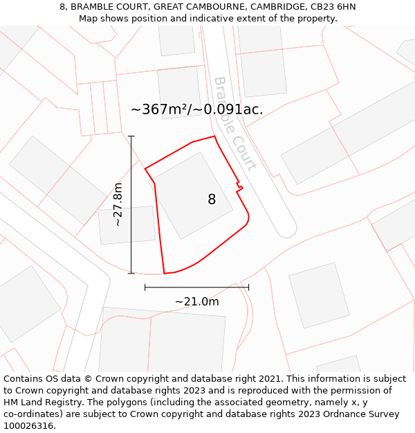 8, BRAMBLE COURT, GREAT CAMBOURNE, CAMBRIDGE, CB23 6HN: Plot and title map