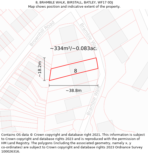 8, BRAMBLE WALK, BIRSTALL, BATLEY, WF17 0DJ: Plot and title map