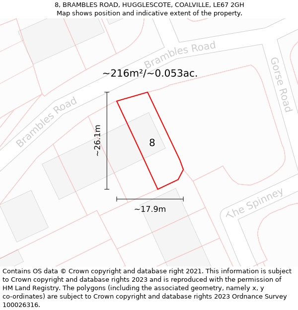 8, BRAMBLES ROAD, HUGGLESCOTE, COALVILLE, LE67 2GH: Plot and title map