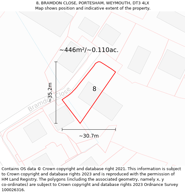 8, BRAMDON CLOSE, PORTESHAM, WEYMOUTH, DT3 4LX: Plot and title map