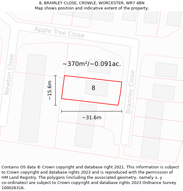 8, BRAMLEY CLOSE, CROWLE, WORCESTER, WR7 4BN: Plot and title map