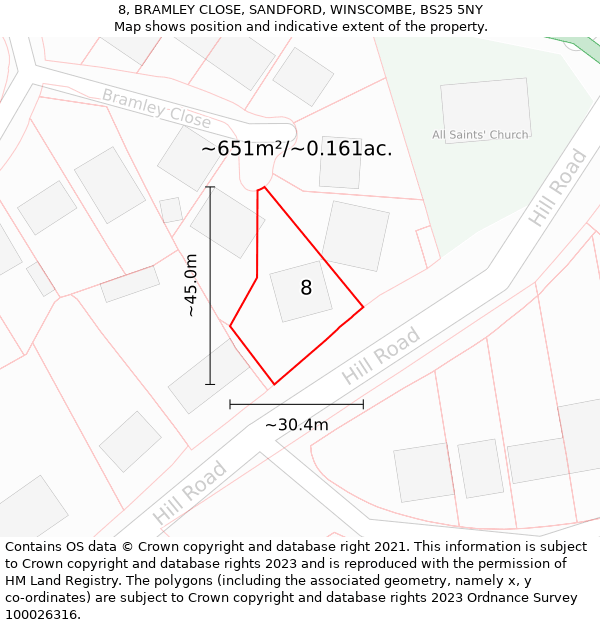 8, BRAMLEY CLOSE, SANDFORD, WINSCOMBE, BS25 5NY: Plot and title map