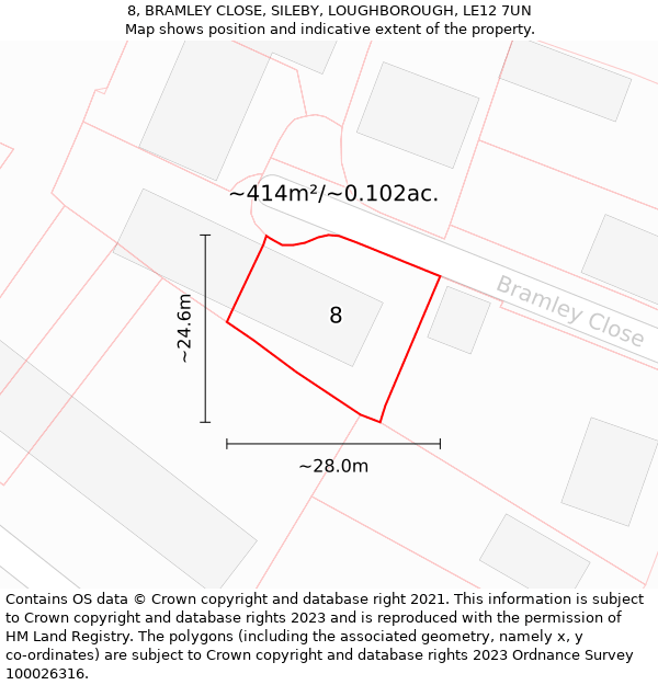 8, BRAMLEY CLOSE, SILEBY, LOUGHBOROUGH, LE12 7UN: Plot and title map