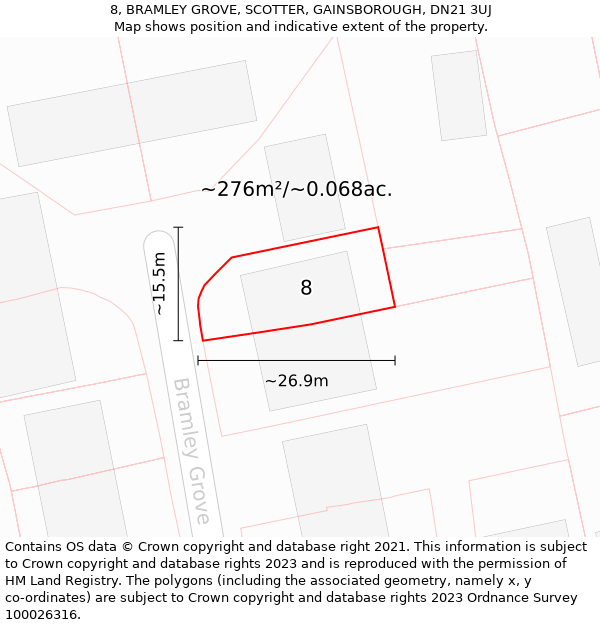 8, BRAMLEY GROVE, SCOTTER, GAINSBOROUGH, DN21 3UJ: Plot and title map