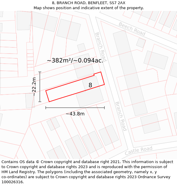 8, BRANCH ROAD, BENFLEET, SS7 2AX: Plot and title map