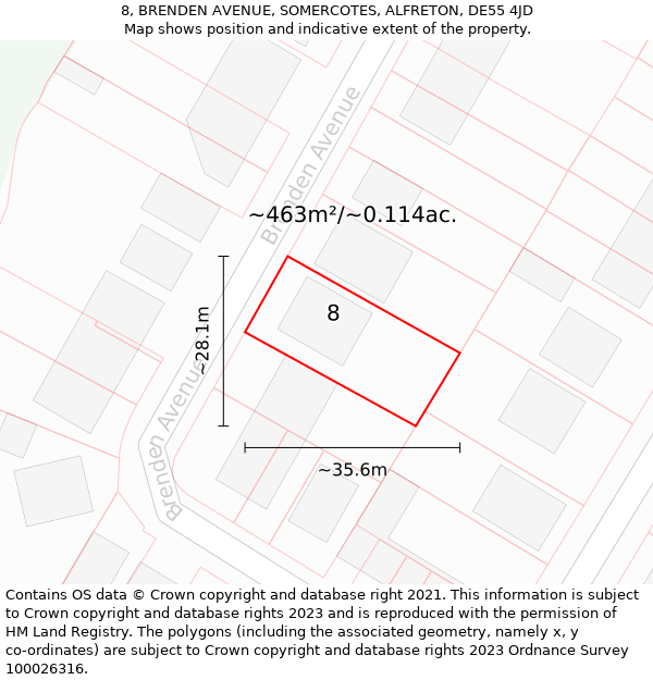 8, BRENDEN AVENUE, SOMERCOTES, ALFRETON, DE55 4JD: Plot and title map