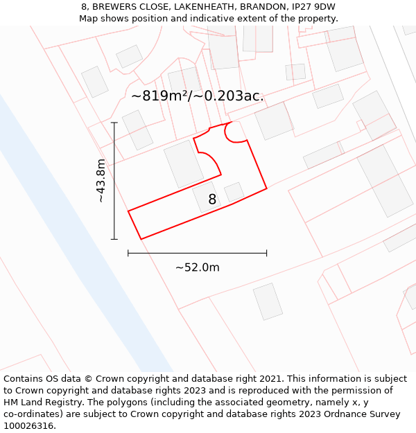 8, BREWERS CLOSE, LAKENHEATH, BRANDON, IP27 9DW: Plot and title map