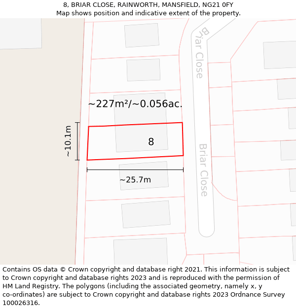 8, BRIAR CLOSE, RAINWORTH, MANSFIELD, NG21 0FY: Plot and title map