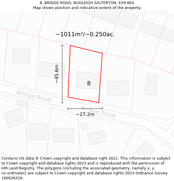 8, BRIDGE ROAD, BUDLEIGH SALTERTON, EX9 6EA: Plot and title map