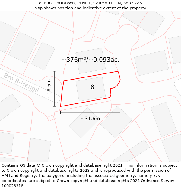 8, BRO DAUDDWR, PENIEL, CARMARTHEN, SA32 7AS: Plot and title map