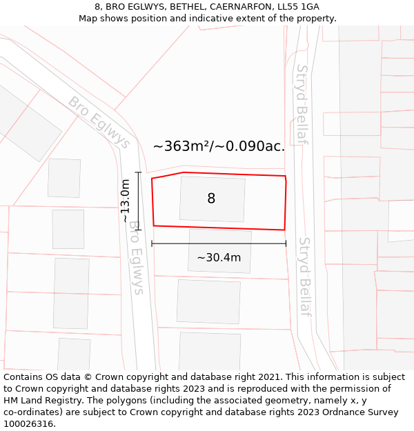 8, BRO EGLWYS, BETHEL, CAERNARFON, LL55 1GA: Plot and title map