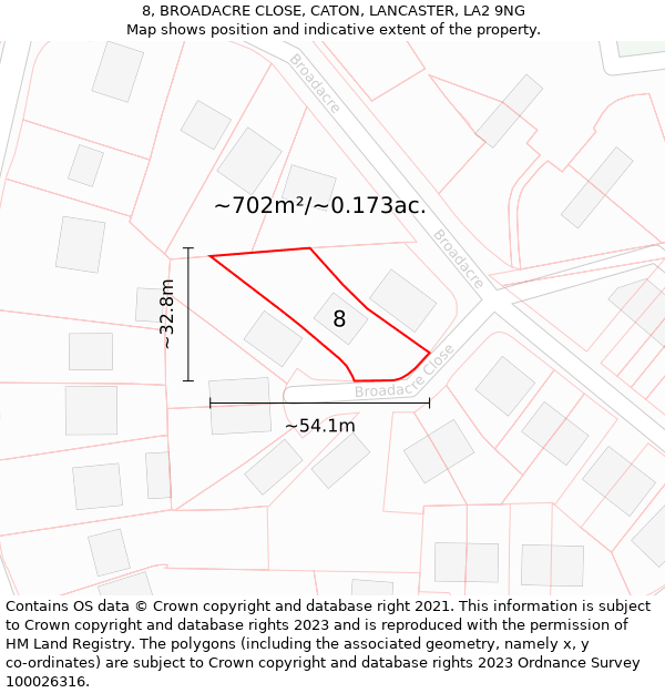 8, BROADACRE CLOSE, CATON, LANCASTER, LA2 9NG: Plot and title map